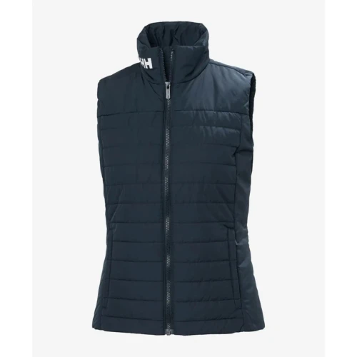 Front product view of the Crew Women's Insulator Vest 2.0 in navy, highlighting the quilted insulated design, full-length zipper, and high collar.
