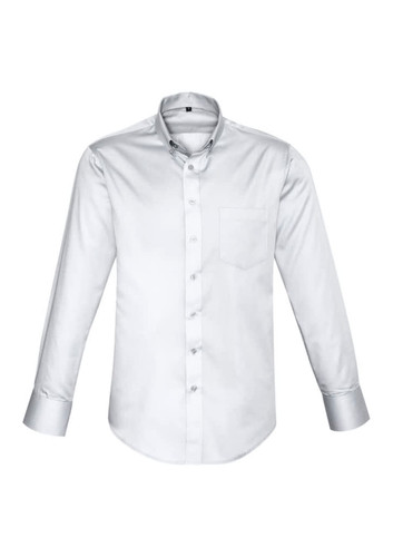 A white long sleeve shirt featuring a button-down collar and a chest pocket. It has a logo on the fabric.