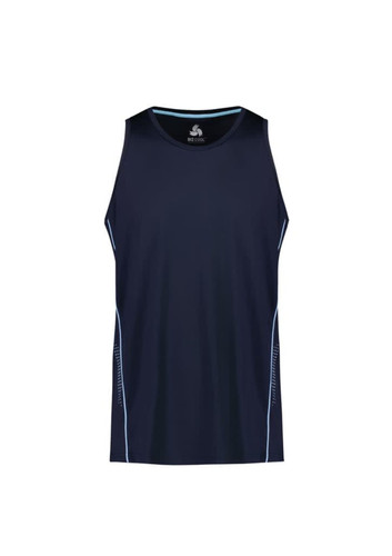 A navy blue men's singlet featuring light blue accents and a logo. The design is simple and athletic. A navy blue men's singlet featuring light blue accents and a logo. The design is simple and athletic.