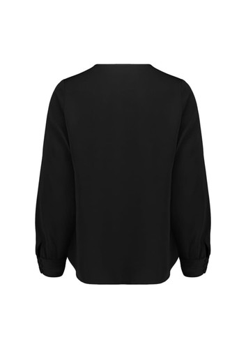 A black long sleeve blouse with a simple design and gathered sleeves. It features a rounded neckline and a logo.
