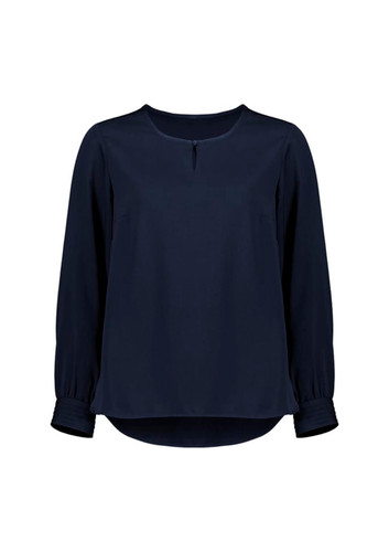 A navy blue long sleeve blouse with a round neckline and gathered sleeves. It features a subtle logo on the side.