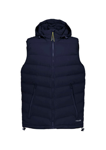 A navy unisex hooded puffer vest with a front zip and two side pockets. Features a logo on the upper. A navy unisex hooded puffer vest with a front zip and two side pockets. Features a logo on the upper.