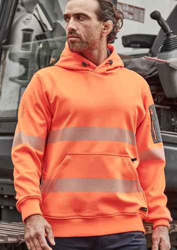 Unisex water-resistant hoodie in bright orange with segmented reflective tape and a logo on the sleeve. Unisex water-resistant hoodie in bright orange with segmented reflective tape and a logo on the sleeve.