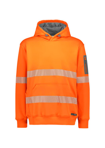 A bright orange unisex hoodie with segmented reflective tape and a front pocket. It features a logo on the sleeve. A bright orange unisex hoodie with segmented reflective tape and a front pocket. It features a logo on the sleeve.