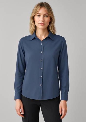 A women's long sleeve button-up shirt in navy blue, featuring a classic collar and button closure.