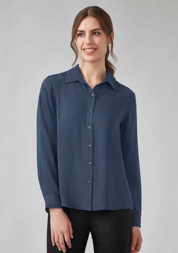 A women's long sleeve shirt in a deep navy blue, featuring a collared neck and button-down front. A women's long sleeve shirt in a deep navy blue, featuring a collared neck and button-down front.