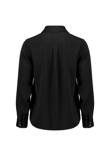 A black long sleeve shirt with a collar and buttoned cuffs, featuring a pleated back design.