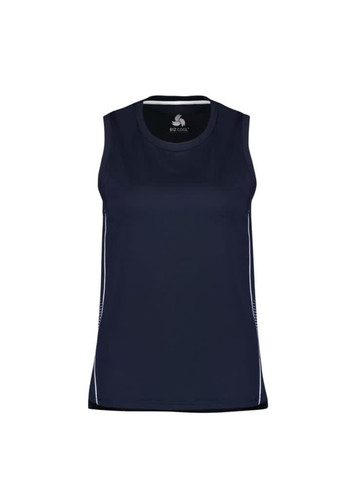 A women's singlet in navy blue with a logo, featuring a sleeveless design and side detailing. A women's singlet in navy blue with a logo, featuring a sleeveless design and side detailing.