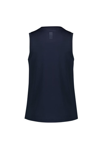 A navy blue women's singlet with a round neckline and a logo on the back. A navy blue women's singlet with a round neckline and a logo on the back.