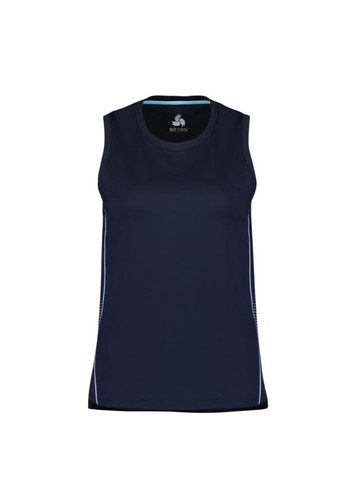 A navy women's singlet featuring a round neck, sleeveless design, and side panel detailing, with a logo on the front. A navy women's singlet featuring a round neck, sleeveless design, and side panel detailing, with a logo on the front.