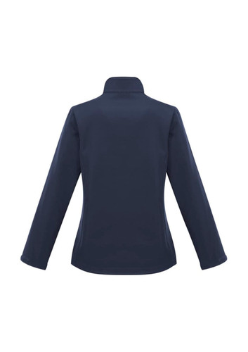 A women's soft shell jacket in navy blue, featuring a high collar and long sleeves. Branding is present. A women's soft shell jacket in navy blue, featuring a high collar and long sleeves. Branding is present.