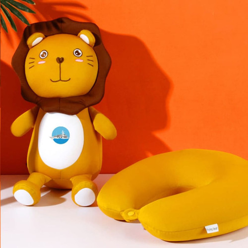 A lion-shaped travel pillow in vibrant yellow, with a plush toy design featuring a smiling face and a logo. A lion-shaped travel pillow in vibrant yellow, with a plush toy design featuring a smiling face and a logo.