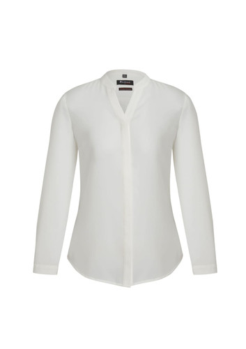 A white long sleeve blouse with a button-up front and a collarless design, featuring a logo.