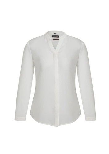 A white women's long sleeve blouse with a button-up front and a collar, featuring a brand logo. A white women's long sleeve blouse with a button-up front and a collar, featuring a brand logo.