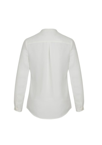 A white long sleeve blouse with a button-up design and back pleat detail. The blouse features a collar and cuffs. A white long sleeve blouse with a button-up design and back pleat detail. The blouse features a collar and cuffs.