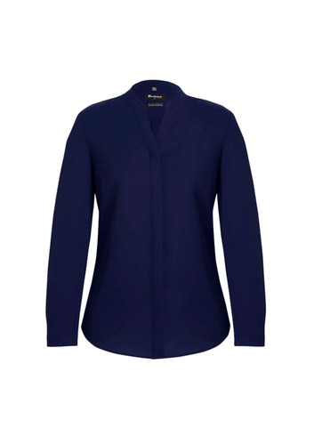 A navy long sleeve blouse featuring a button-up design and a collar, with a branding logo included. A navy long sleeve blouse featuring a button-up design and a collar, with a branding logo included.