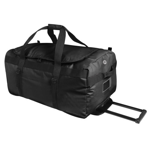 A black wheeled duffle bag with straps and a handle, featuring a logo. A black wheeled duffle bag with straps and a handle, featuring a logo.