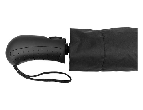 A black RPET fold-up umbrella with a textured handle and a storage sleeve. It features a logo on the handle. A black RPET fold-up umbrella with a textured handle and a storage sleeve. It features a logo on the handle.