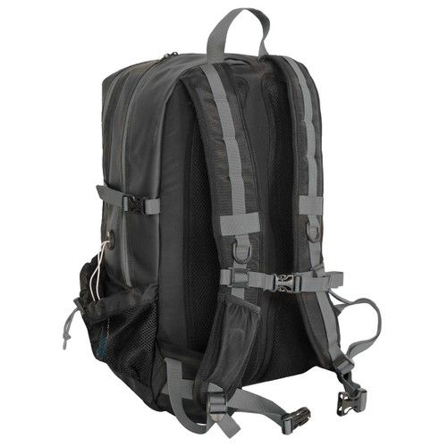 A black backpack with grey straps, featuring multiple compartments and a mesh side pocket. It has a logo on the front.