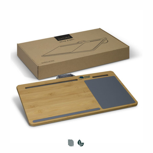 A bamboo lap desk with a grey writing surface and a boxed package featuring a logo. A bamboo lap desk with a grey writing surface and a boxed package featuring a logo.
