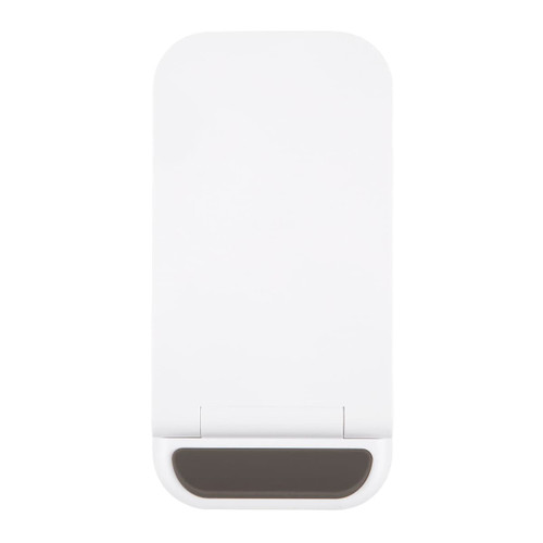 A white wireless charger with a sleek design and a dark grey base. It features a logo on its surface.