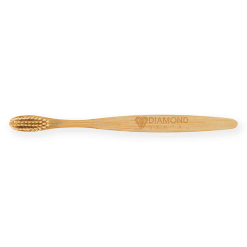 A bamboo toothbrush featuring a sleek design, with a logo engraved on the handle. A bamboo toothbrush featuring a sleek design, with a logo engraved on the handle.