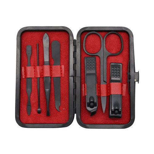 A black manicure set with red lining, containing scissors, clippers, tweezers, and various nail tools, presented in a compact case. A black manicure set with red lining, containing scissors, clippers, tweezers, and various nail tools, presented in a compact case.