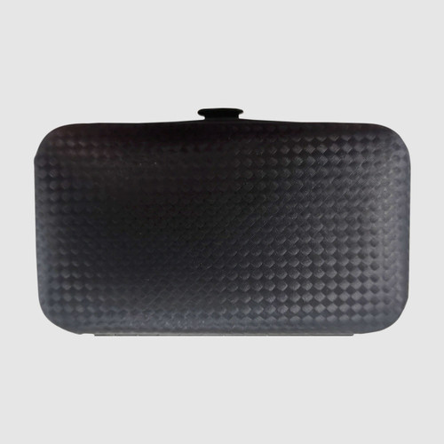 A black manicure set case with a textured surface, featuring a secure closure and compact design. A black manicure set case with a textured surface, featuring a secure closure and compact design.
