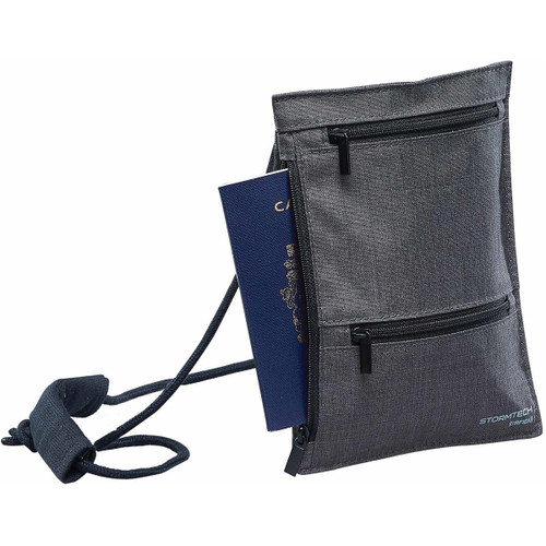 A grey sling bag with two zipped pockets and a passport partially inserted in one pocket. It features a logo.