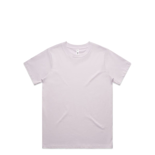 A light purple t-shirt displayed flat, featuring a simple design and a tag inside the collar. It has a logo.