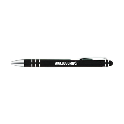 A stylus pen featuring a sleek black design with silver accents and an engraved logo. A stylus pen featuring a sleek black design with silver accents and an engraved logo.