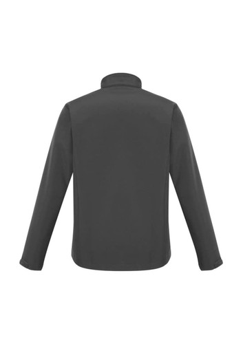 A men's soft shell jacket in dark grey, featuring long sleeves and a collar, with a logo on the back. A men's soft shell jacket in dark grey, featuring long sleeves and a collar, with a logo on the back.