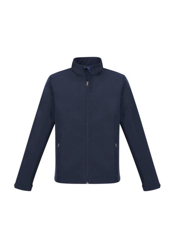 Navy men's soft shell jacket with a zip front and two side pockets, featuring a logo. Navy men's soft shell jacket with a zip front and two side pockets, featuring a logo.