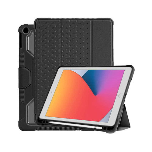 A rugged black iPad case with a textured design and built-in stand. It has a logo on the surface. A rugged black iPad case with a textured design and built-in stand. It has a logo on the surface.