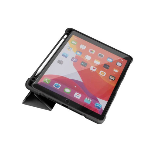 A rugged black iPad case with a built-in stand, featuring an open design and a slot for a stylus. A rugged black iPad case with a built-in stand, featuring an open design and a slot for a stylus.