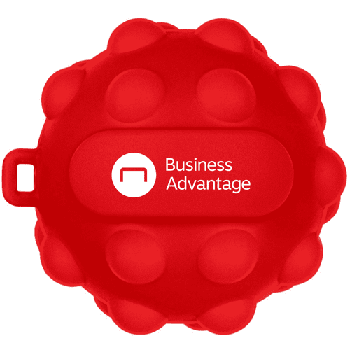 A red stress ball shaped like a popper with a logo on it. The surface features rounded nodules for texture. A red stress ball shaped like a popper with a logo on it. The surface features rounded nodules for texture.