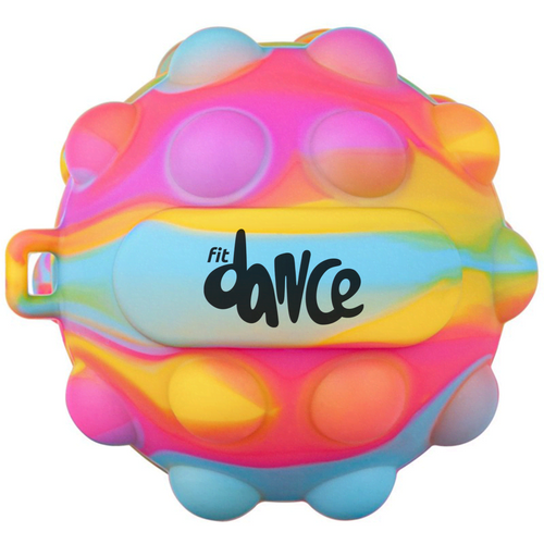 A multi-coloured stress ball featuring a textured surface and a logo, in shades of pink, blue, and yellow. A multi-coloured stress ball featuring a textured surface and a logo, in shades of pink, blue, and yellow.