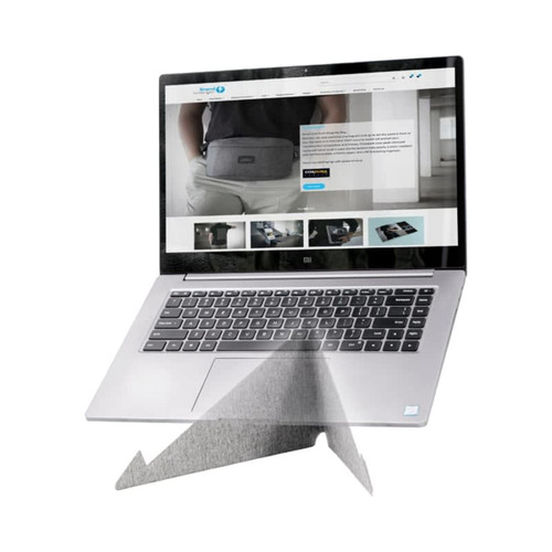 A laptop stand made from RPET, featuring a sleek design in grey, supporting a silver laptop displaying a website. A laptop stand made from RPET, featuring a sleek design in grey, supporting a silver laptop displaying a website.