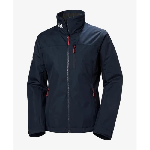 Front product view of the Crew Women's Midlayer Jacket 2.0 in navy featuring a full-length zipper, stand-up collar, zippered chest pocket, and tailored feminine fit.