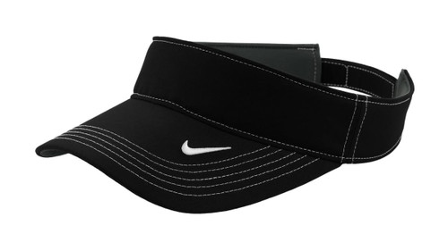 A black visor with white stitching and a brand logo. Designed for headwear, featuring a wide brim for sun protection. A black visor with white stitching and a brand logo. Designed for headwear, featuring a wide brim for sun protection.