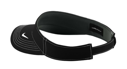 A black Nike Dri-FIT Swoosh visor with white stitching and a branded logo on the side. A black Nike Dri-FIT Swoosh visor with white stitching and a branded logo on the side.