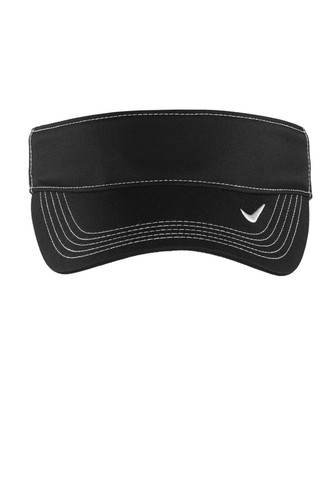 A black visor with white stitching and a logo on the front, designed for headwear. A black visor with white stitching and a logo on the front, designed for headwear.