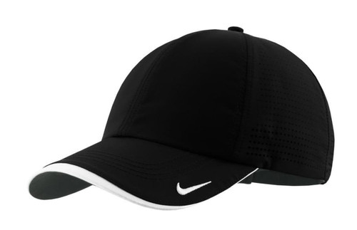 A black perforated cap with white accents and a logo, designed for moisture management. A black perforated cap with white accents and a logo, designed for moisture management.