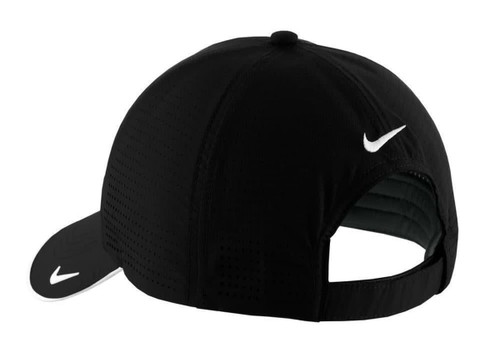 A black Nike Dri-FIT Swoosh perforated cap featuring a white logo and a curved brim. A black Nike Dri-FIT Swoosh perforated cap featuring a white logo and a curved brim.