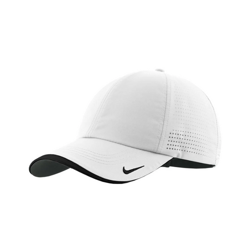 A white Nike Dri-FIT Swoosh perforated cap with a black brim and logo detail.