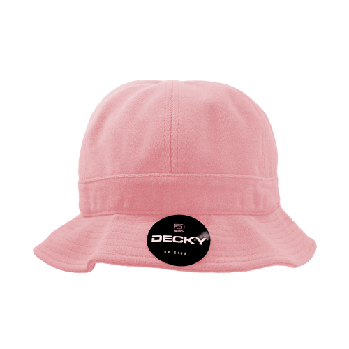 A pink bucket hat with a branded logo on the front, featuring a wide brim and soft fabric. A pink bucket hat with a branded logo on the front, featuring a wide brim and soft fabric.