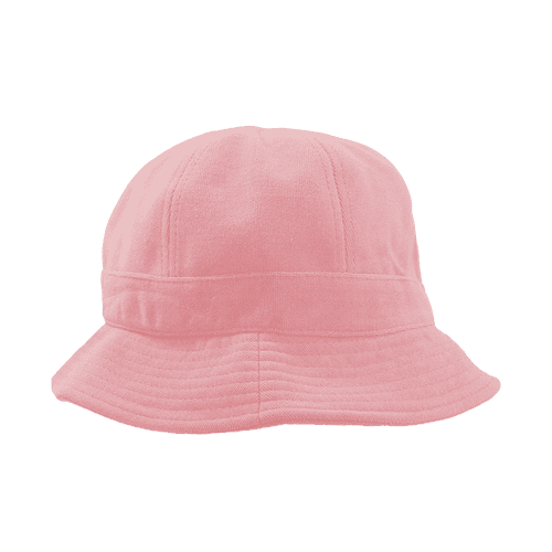 A pink relaxed terry bucket hat with a soft texture and wide brim, featuring a logo on the band. A pink relaxed terry bucket hat with a soft texture and wide brim, featuring a logo on the band.