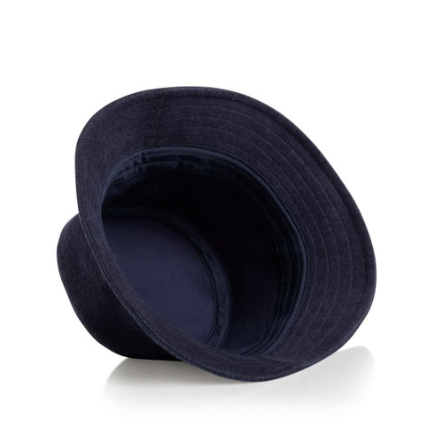 A navy Terry Bucket Hat featuring a wide brim and a soft interior, designed for comfort with a logo inside. A navy Terry Bucket Hat featuring a wide brim and a soft interior, designed for comfort with a logo inside.