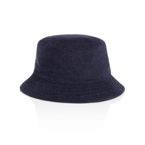 A navy terry bucket hat with a wide brim and soft texture, featuring a logo on the side. A navy terry bucket hat with a wide brim and soft texture, featuring a logo on the side.