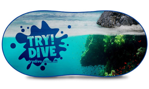 A full-colour auto sunshade featuring a vibrant underwater scene with coral and fish, bordered in blue. A full-colour auto sunshade featuring a vibrant underwater scene with coral and fish, bordered in blue.